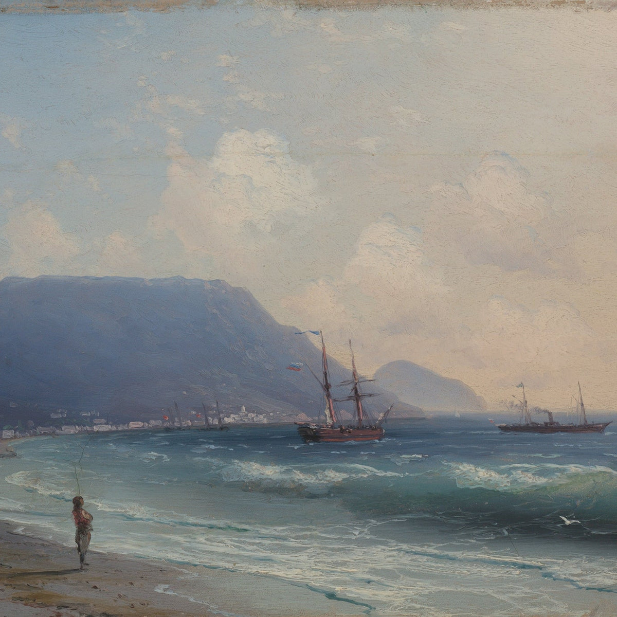 Hand-painted coastal bay with sailing ships nautical oil painting on canvas