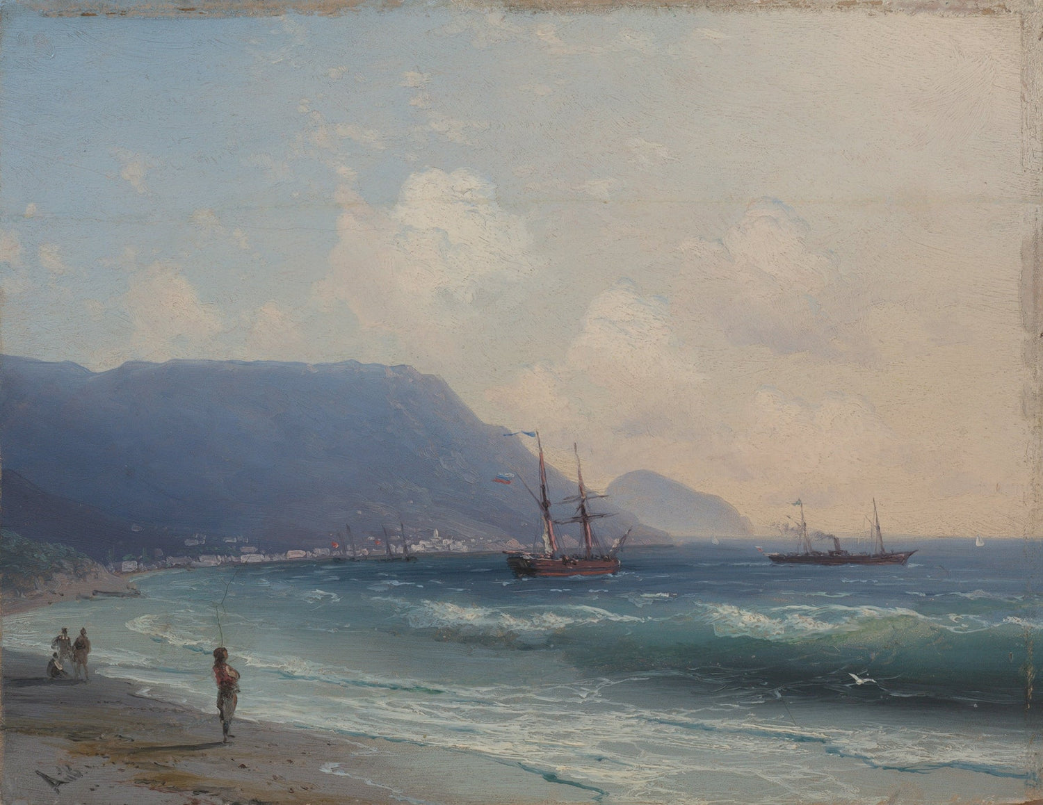 Hand-painted coastal bay with sailing ships nautical oil painting on canvas