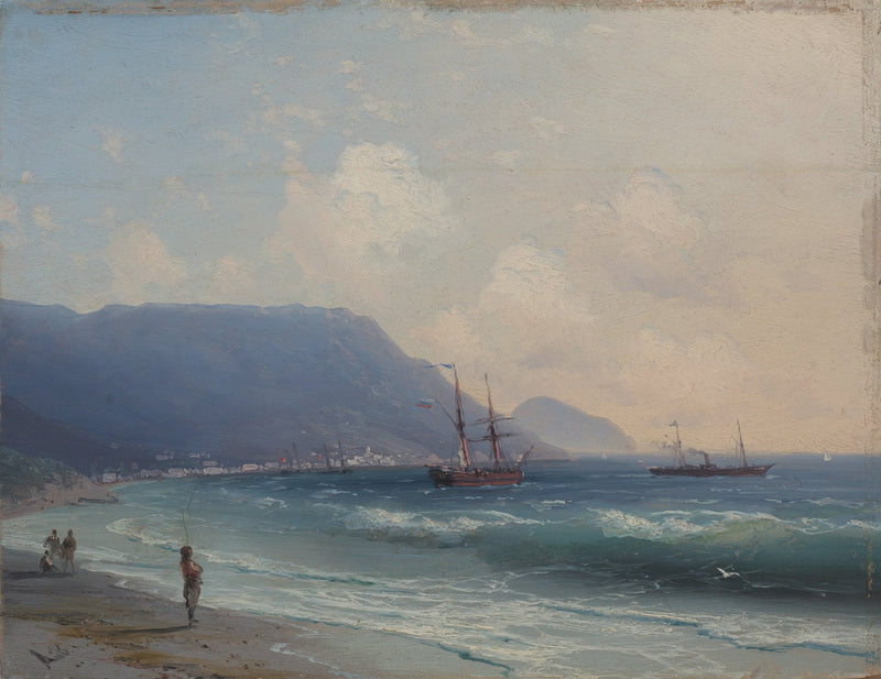 Hand-painted coastal bay with sailing ships nautical oil painting on canvas