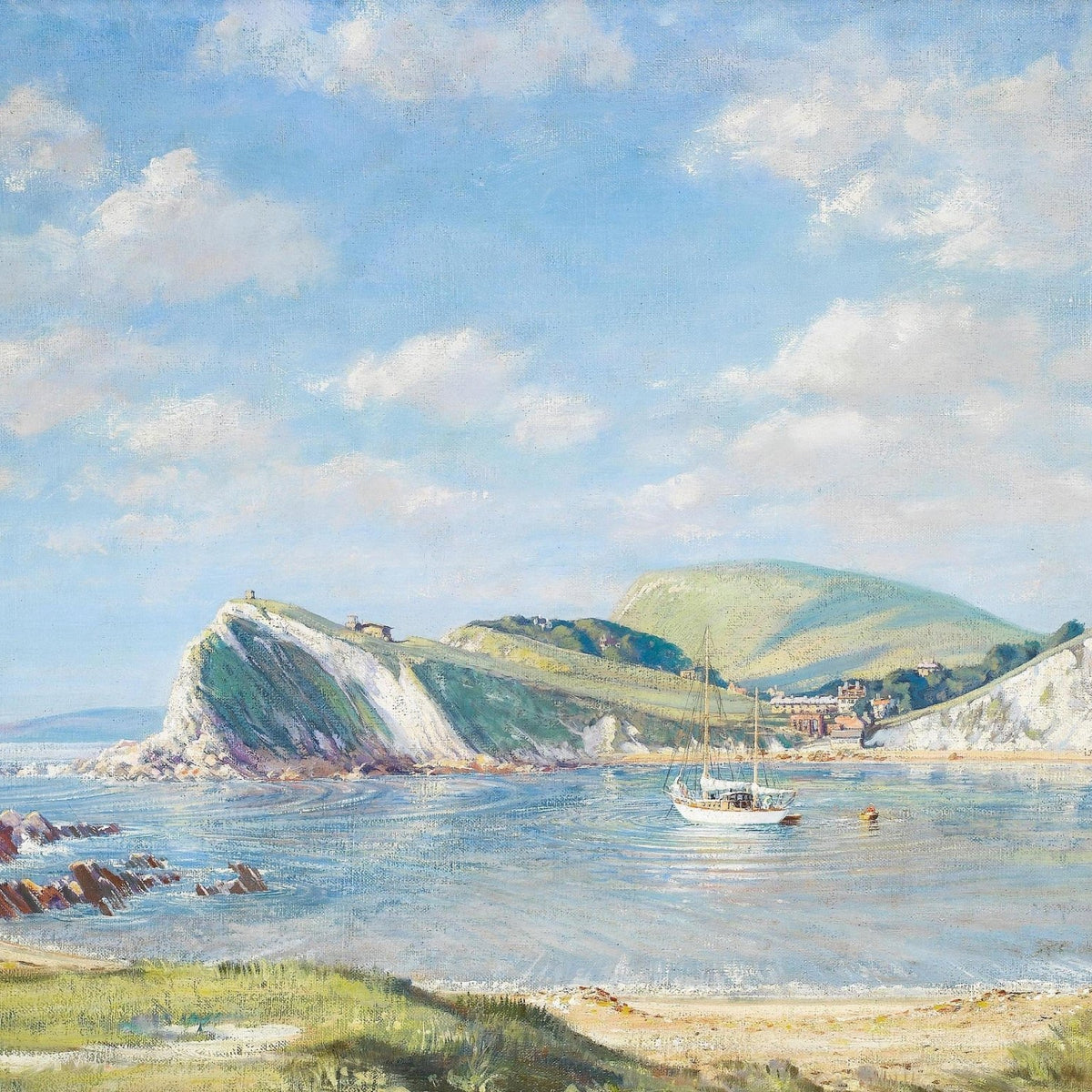Hand-painted coastal cove yacht in calm blue bay nautical oil painting on canvas