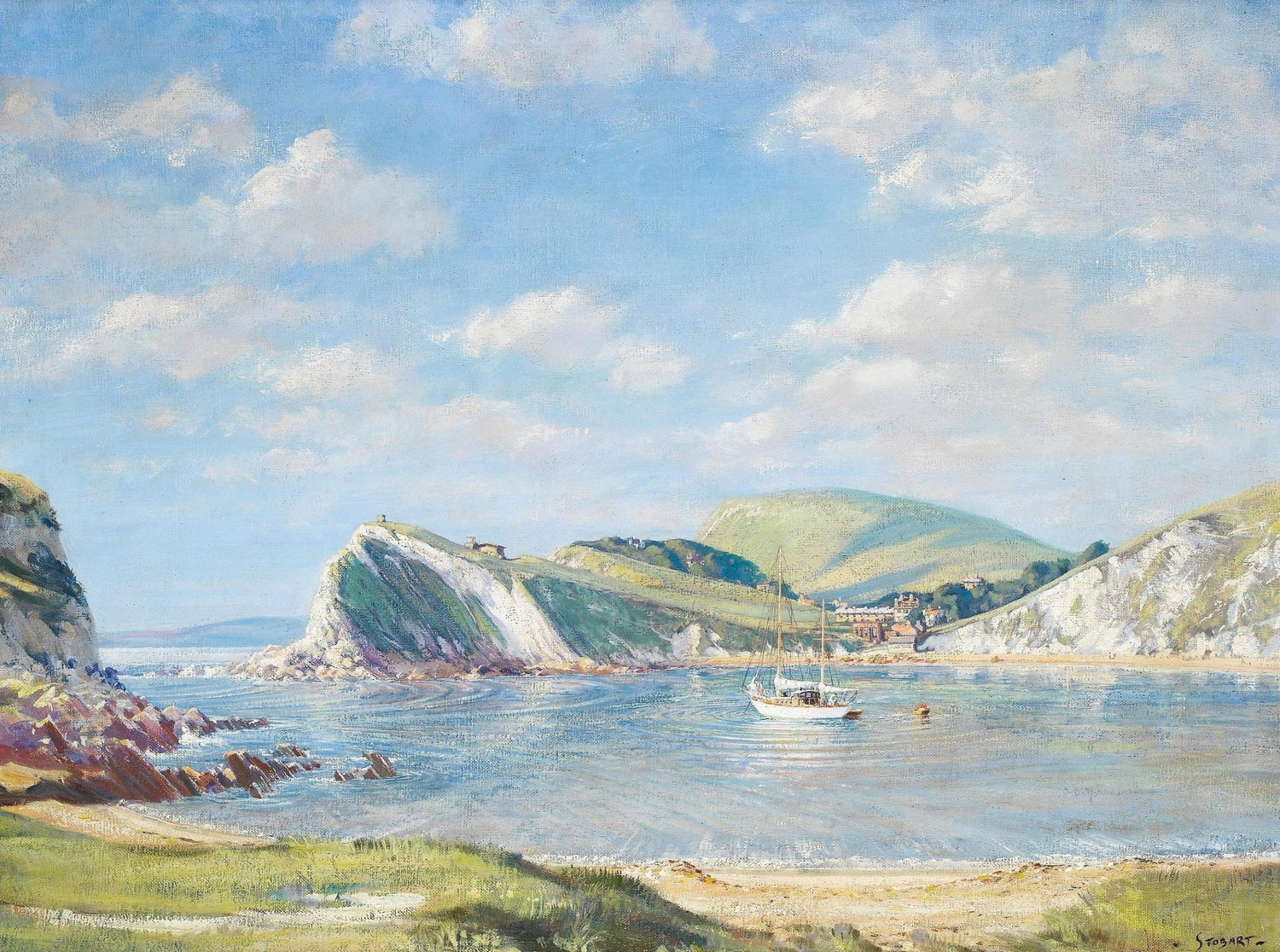 Hand-painted coastal cove yacht in calm blue bay nautical oil painting on canvas