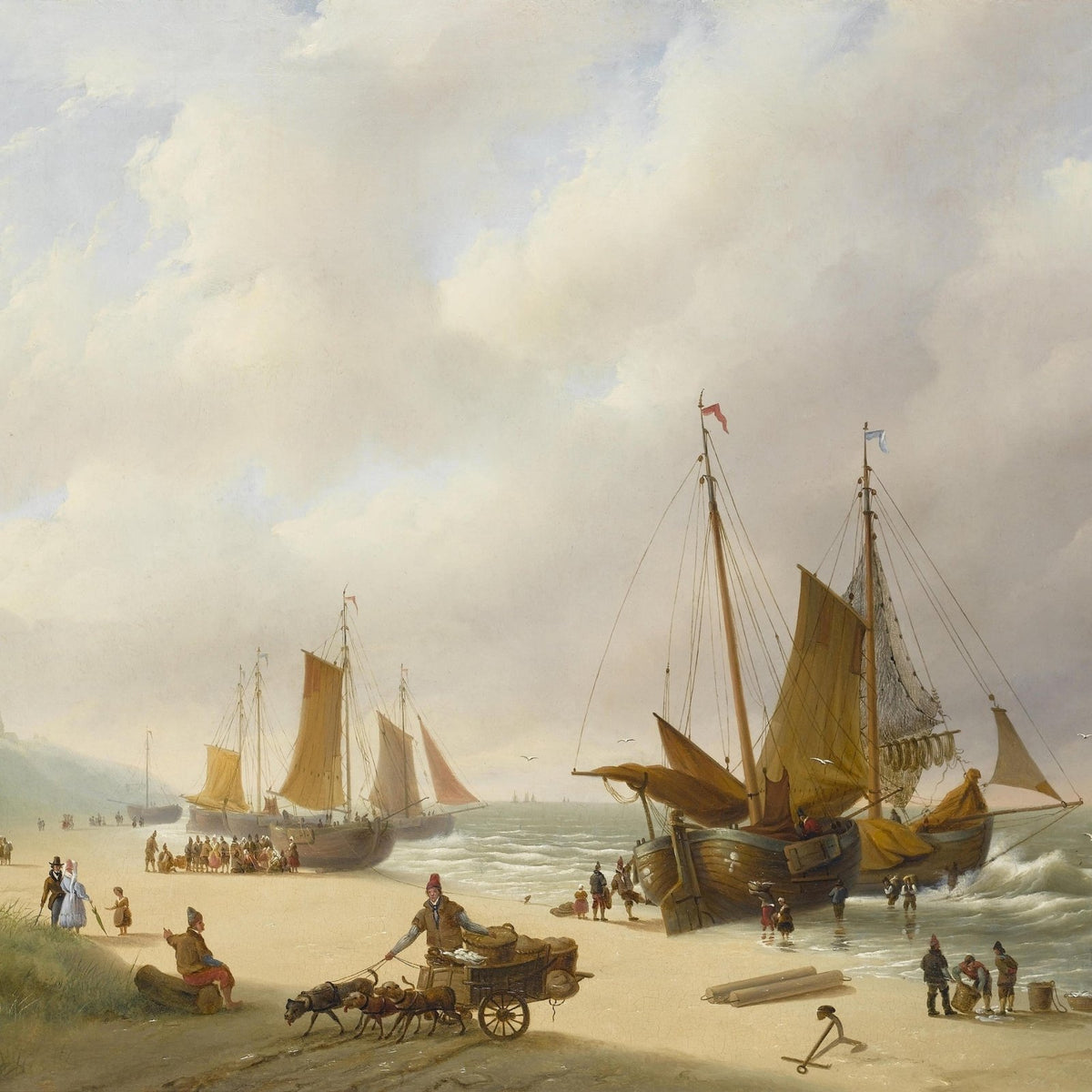 Hand-painted coastal fishing boats ashore nautical oil painting on canvas