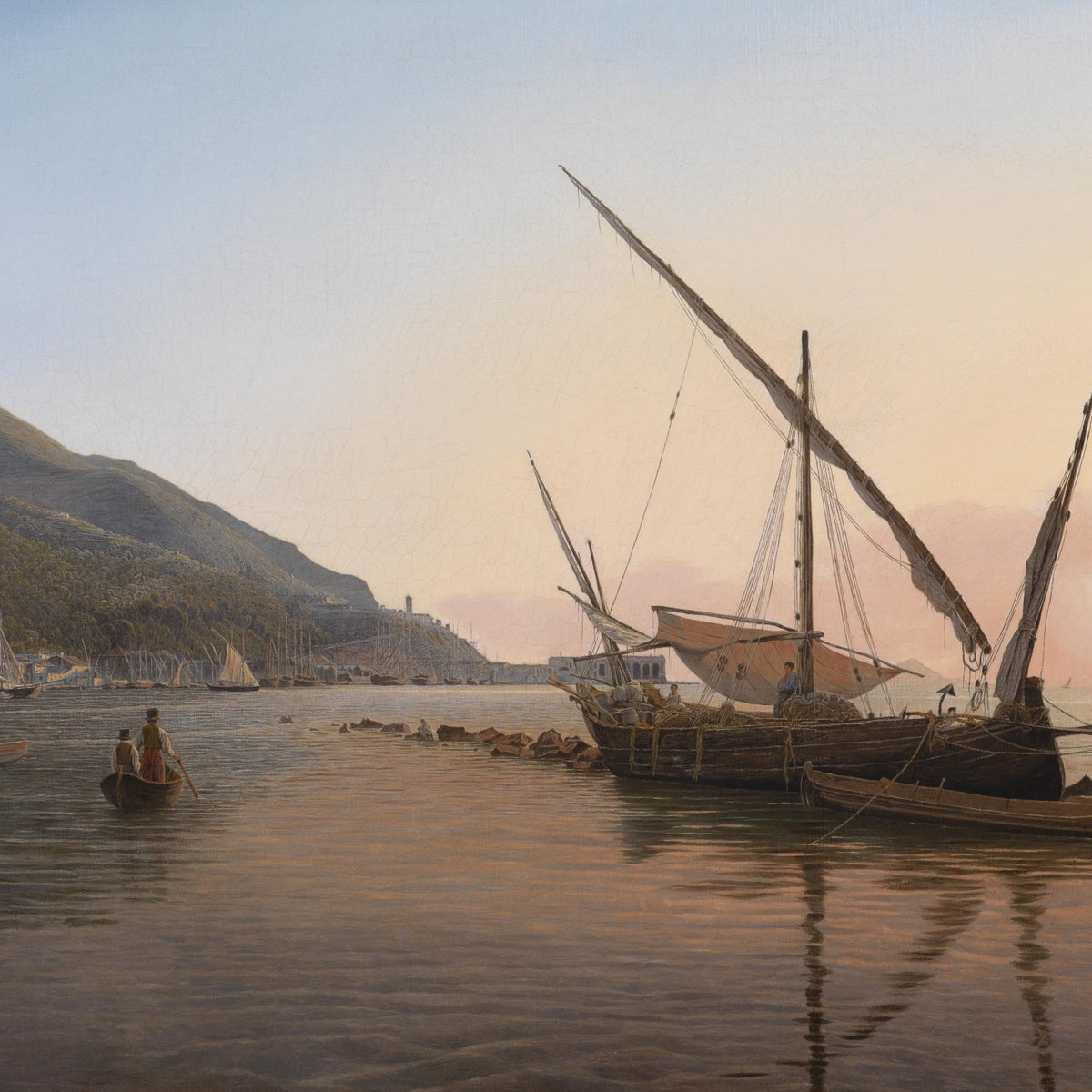 Hand-painted coastal fishing boats at sunset nautical oil painting on canvas
