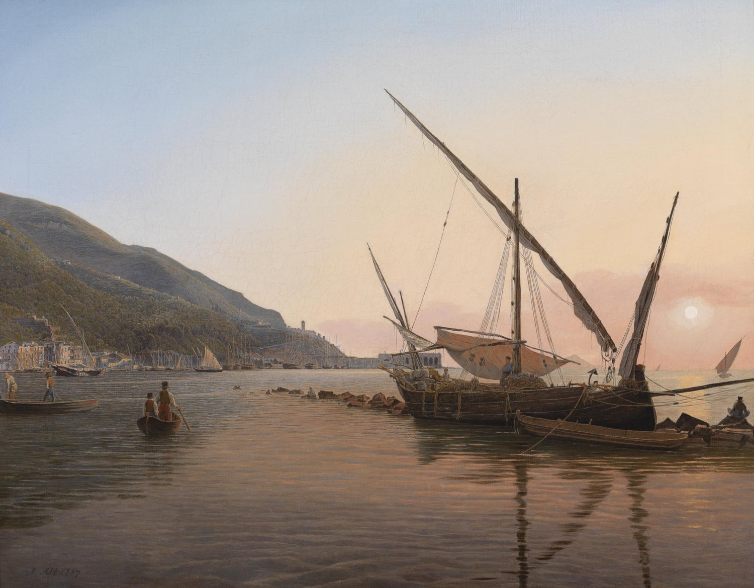 Hand-painted coastal fishing boats at sunset nautical oil painting on canvas