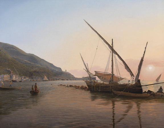 Hand-painted coastal fishing boats at sunset nautical oil painting on canvas
