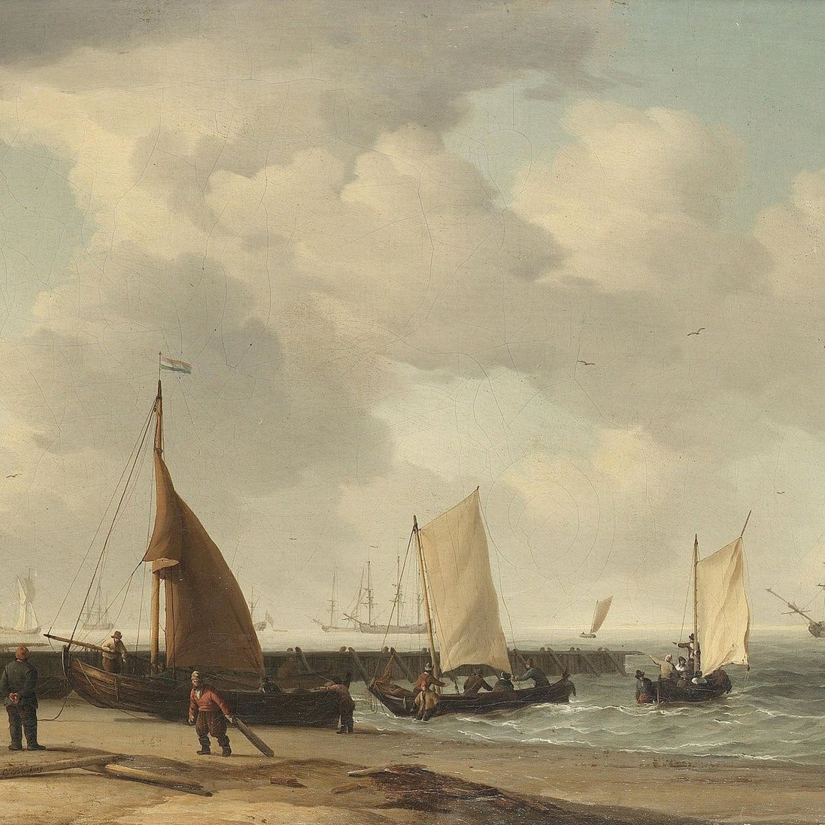 Hand-painted coastal fishing boats by sandy shore nautical oil painting on canvas