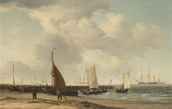 Hand-painted coastal fishing boats by sandy shore nautical oil painting on canvas
