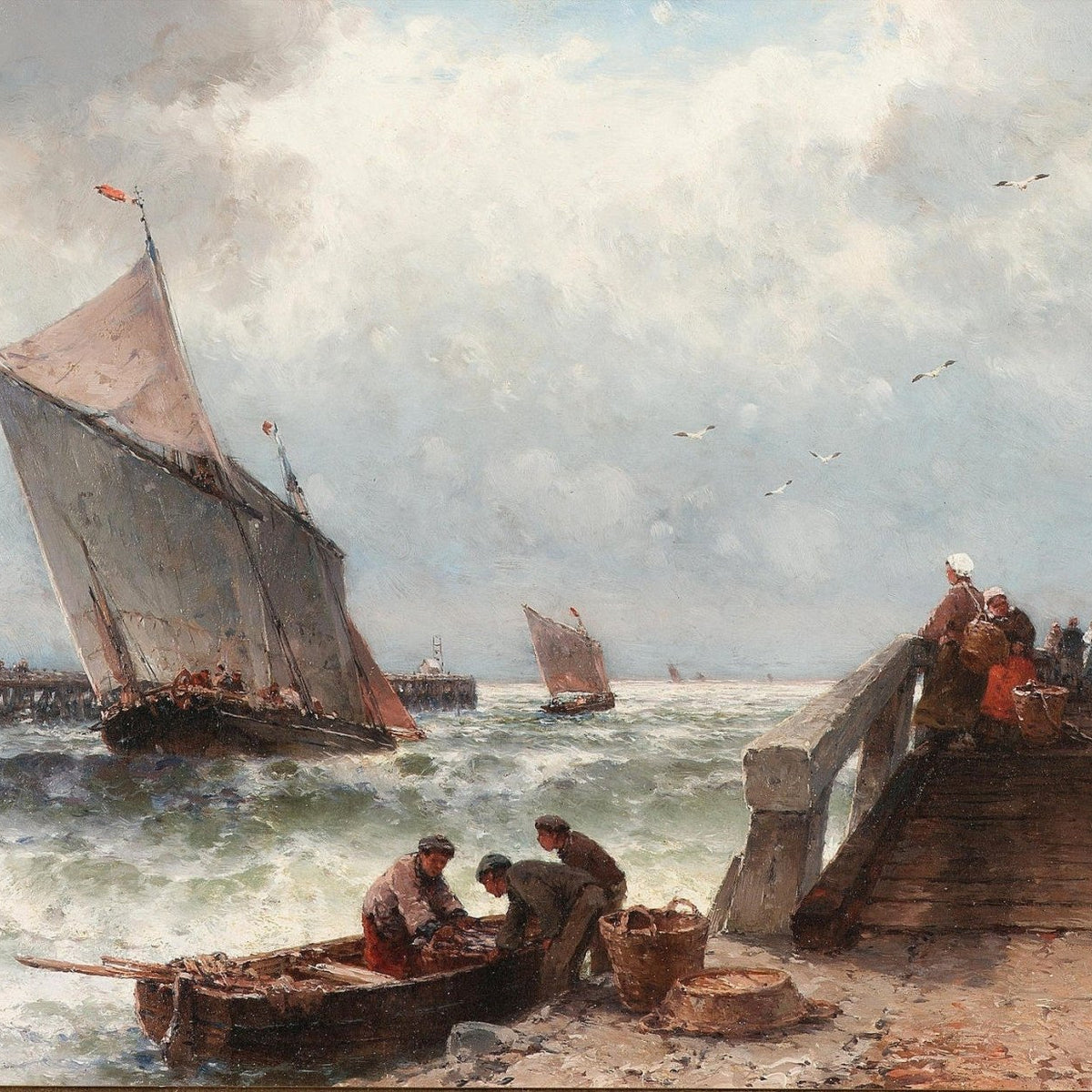 Hand-painted coastal fishing boats by windy pier nautical oil painting on canvas