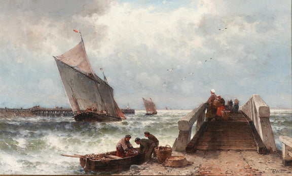 Hand-painted coastal fishing boats by windy pier nautical oil painting on canvas