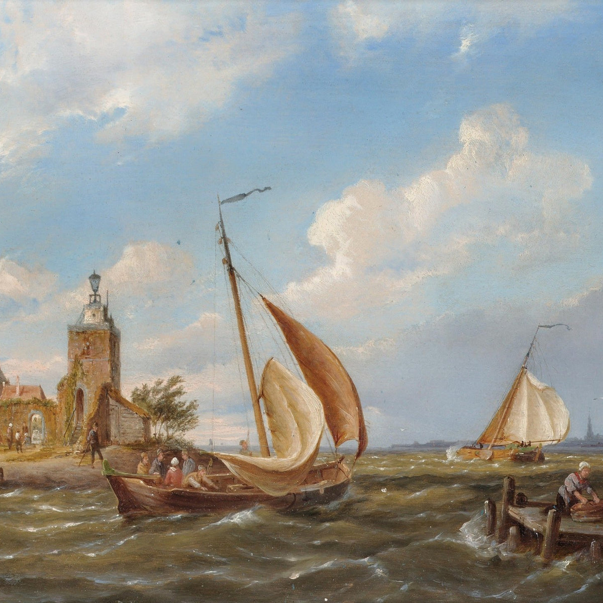 Hand-painted coastal lighthouse and sailboats nautical oil painting on canvas