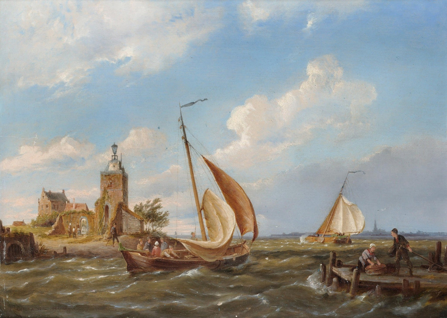 Hand-painted coastal lighthouse and sailboats nautical oil painting on canvas
