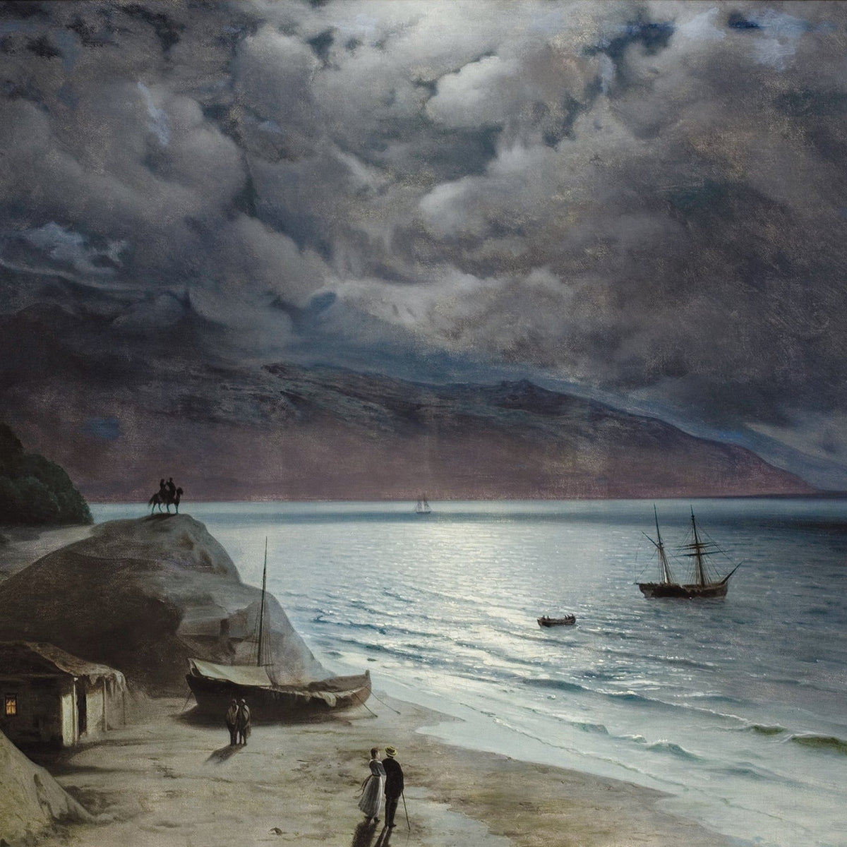 Hand-painted coastal moonlit harbor scene nautical oil painting on canvas