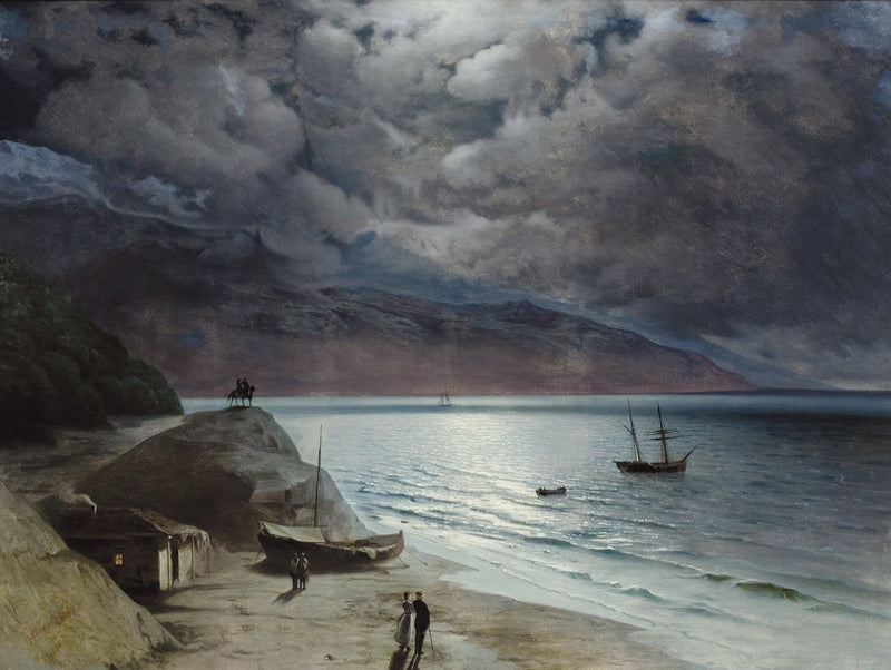 Hand-painted coastal moonlit harbor scene nautical oil painting on canvas