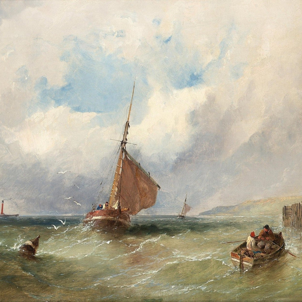 Nautical Oil Paintings - Coastal Sailboat and Rowboat by Harbor - Oil Painting Haven