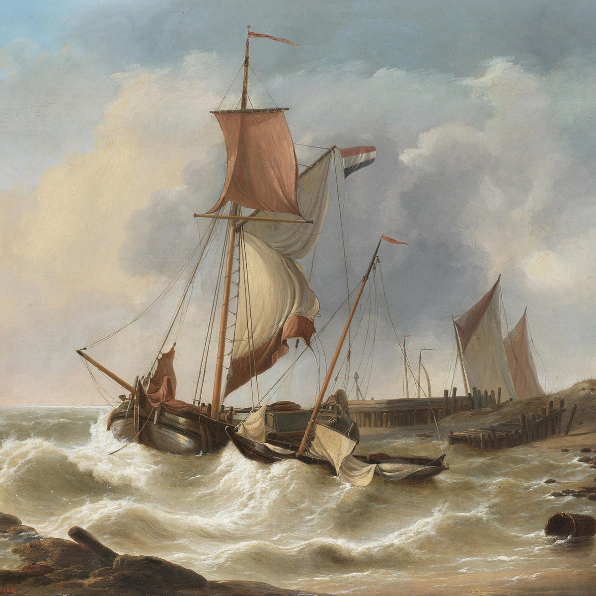 Hand-painted coastal sailboat in rising tide nautical oil painting on canvas