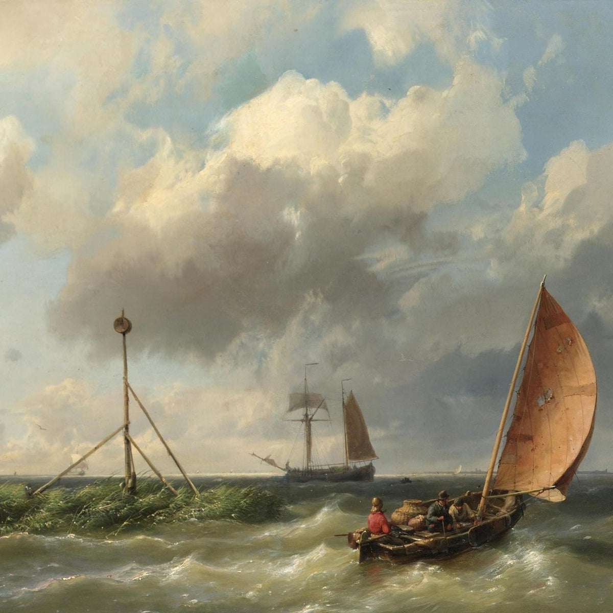 Hand-painted coastal sailboat in rough sea nautical oil painting on canvas
