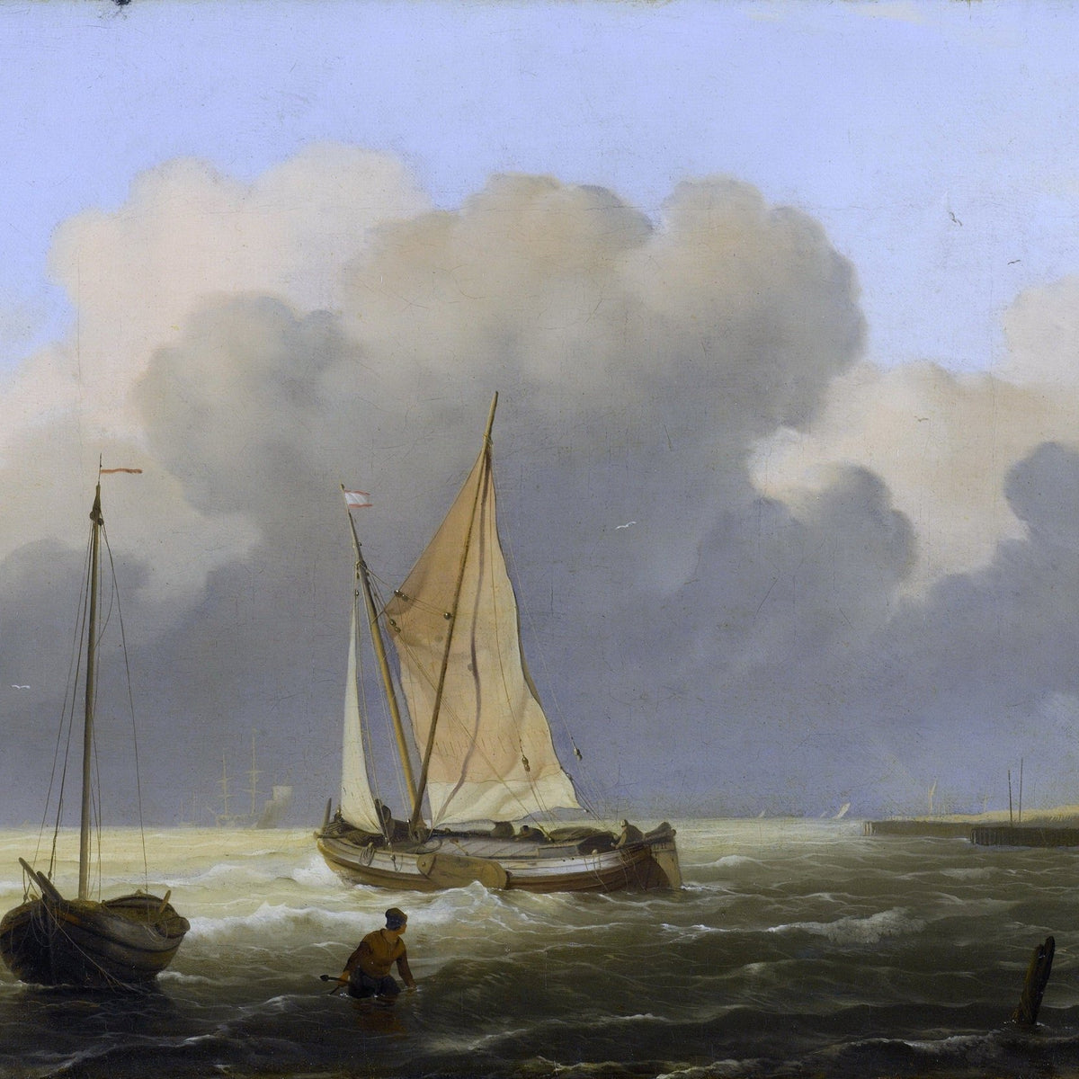 Nautical Oil Paintings - Coastal Sailboat Under Cloudy Sky - Oil Painting Haven