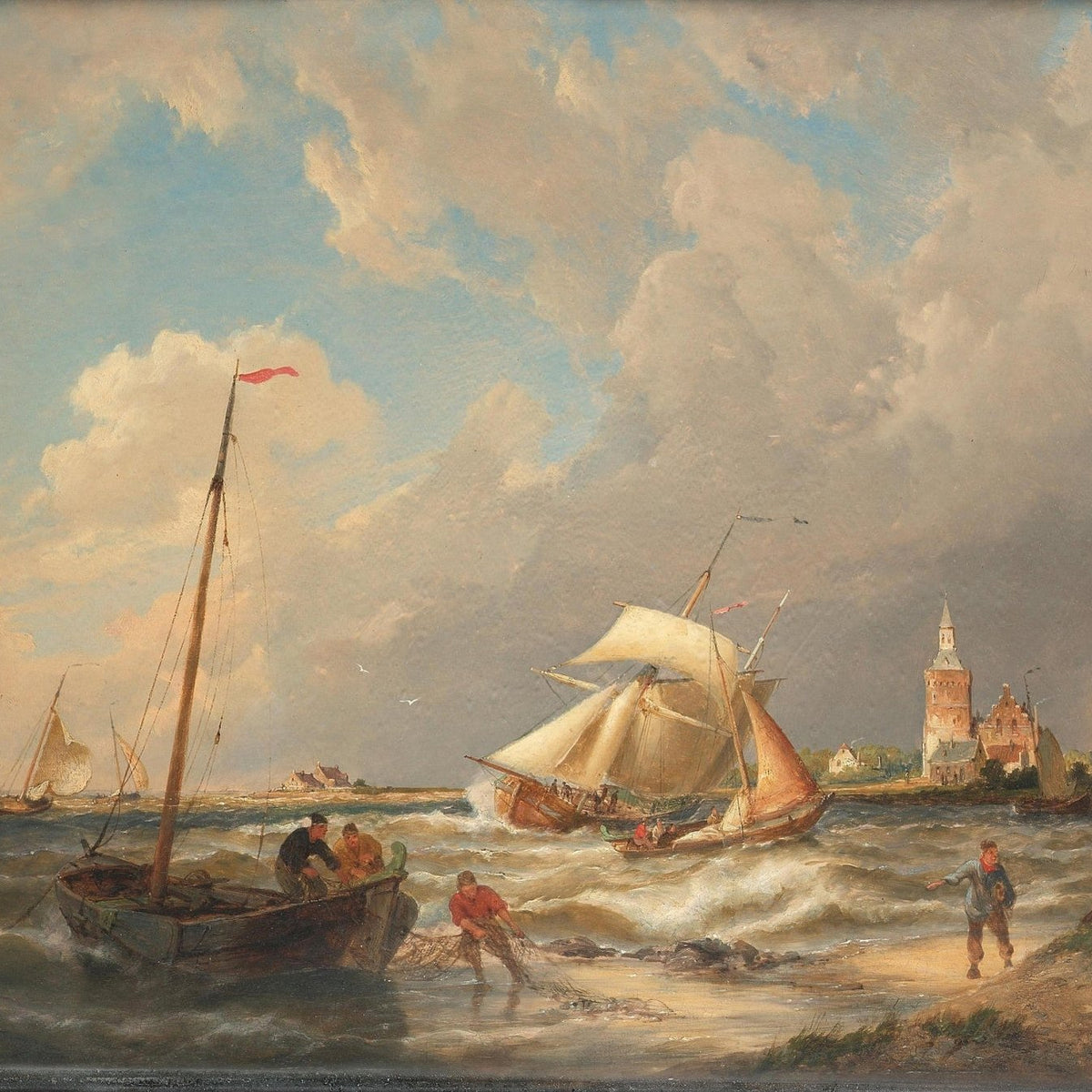 Hand-painted coastal sailboats and fishermen on shore nautical oil painting on canvas