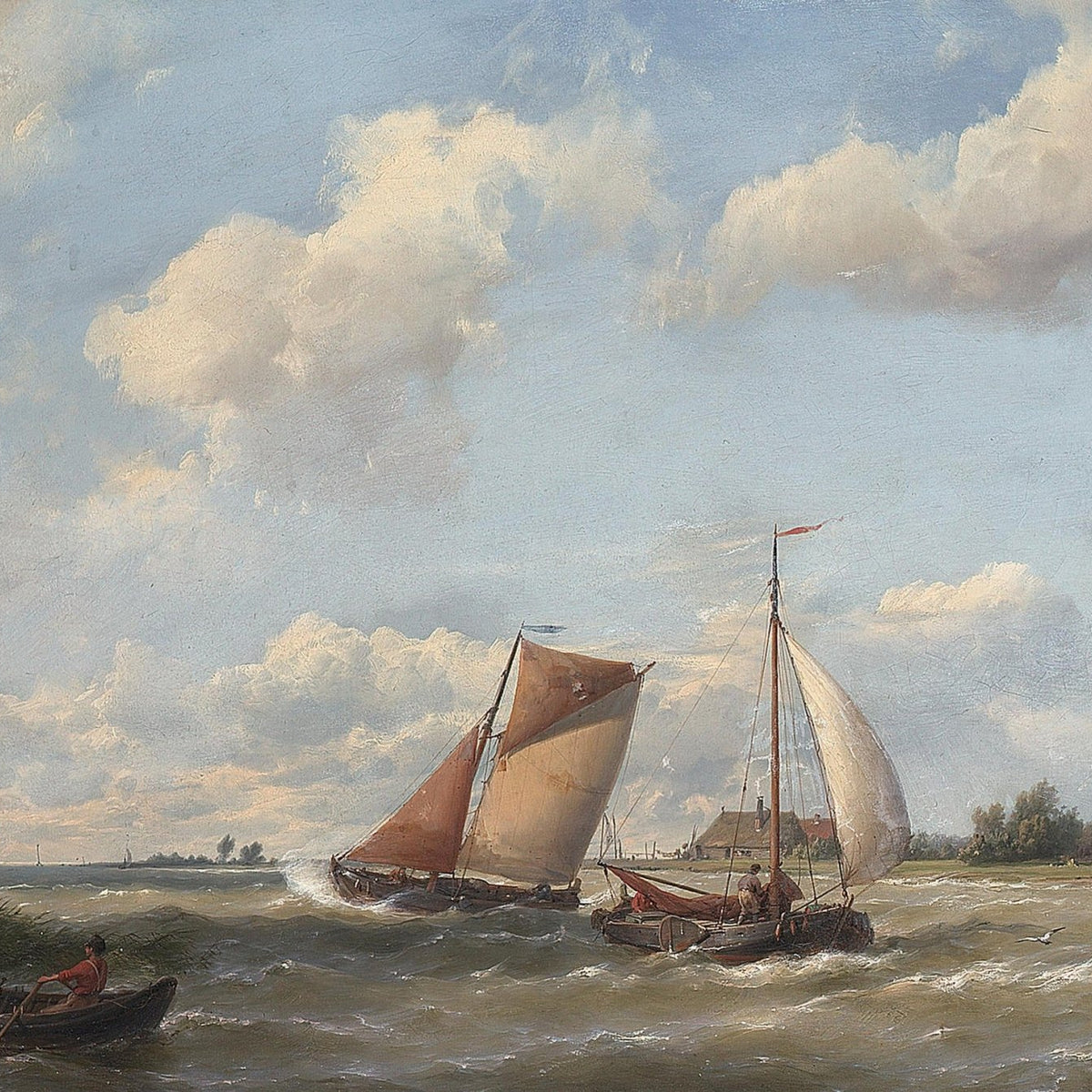 Hand-painted coastal sailboats in breeze nautical oil painting on canvas