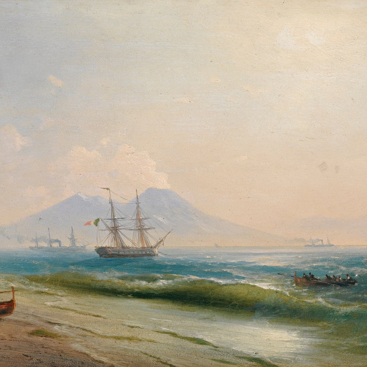 Hand-painted coastal ships with distant peaks nautical oil painting on canvas