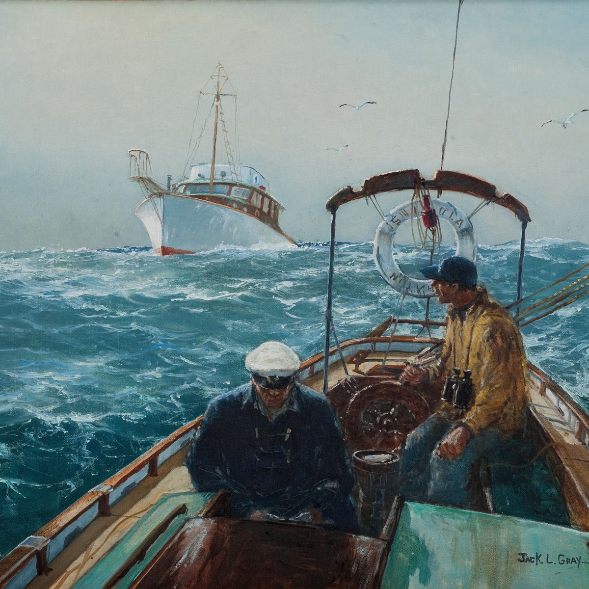 Hand-painted crew in motorboat on rough open sea nautical oil painting on canvas