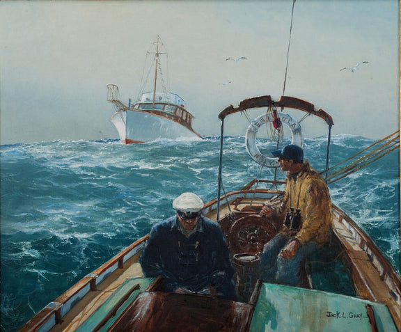 Hand-painted crew in motorboat on rough open sea nautical oil painting on canvas