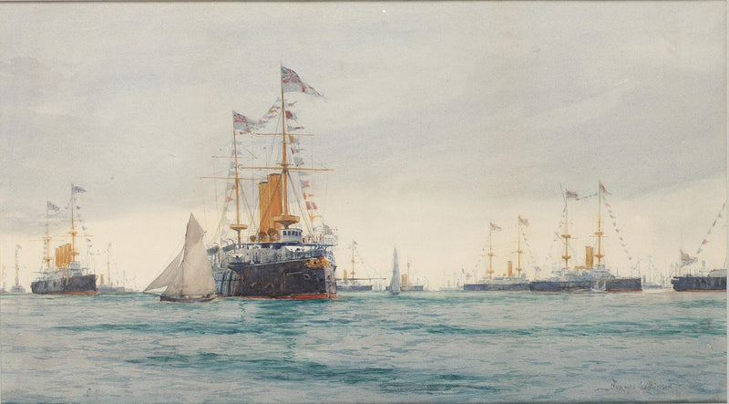 Hand-painted decorated steamships on calm harbor nautical oil painting on canvas