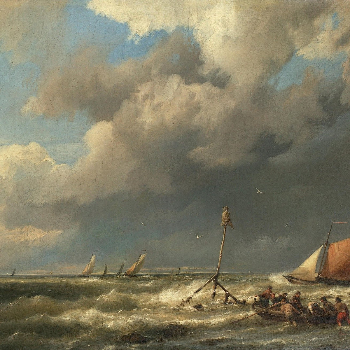 Hand-painted dramatic seascape with sailboats nautical oil painting on canvas