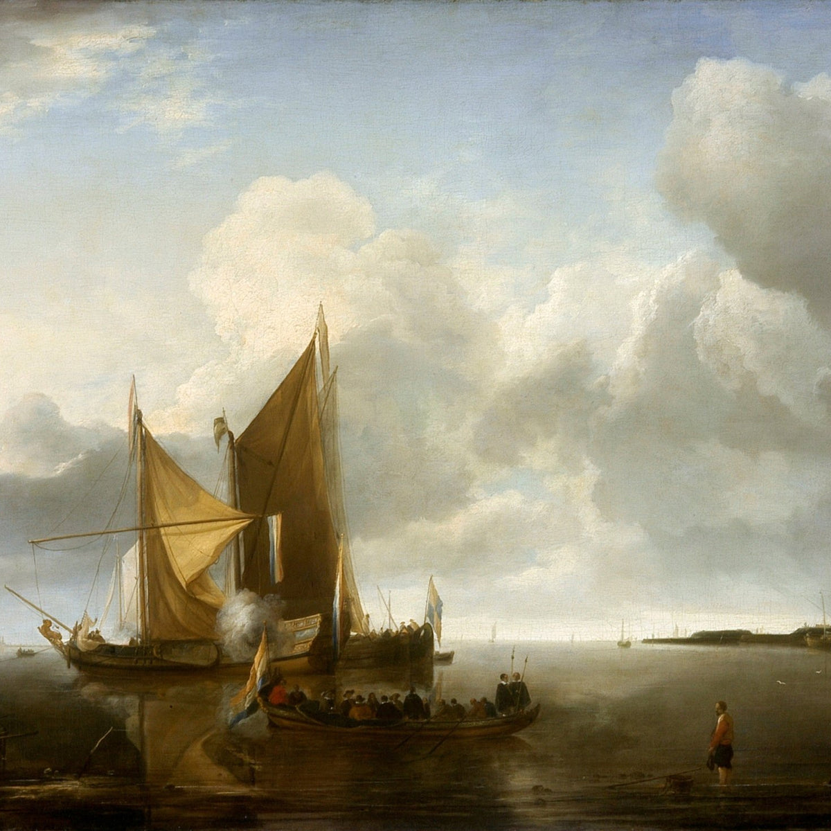 Hand-painted Dutch boats in calm harbor light nautical oil painting on canvas