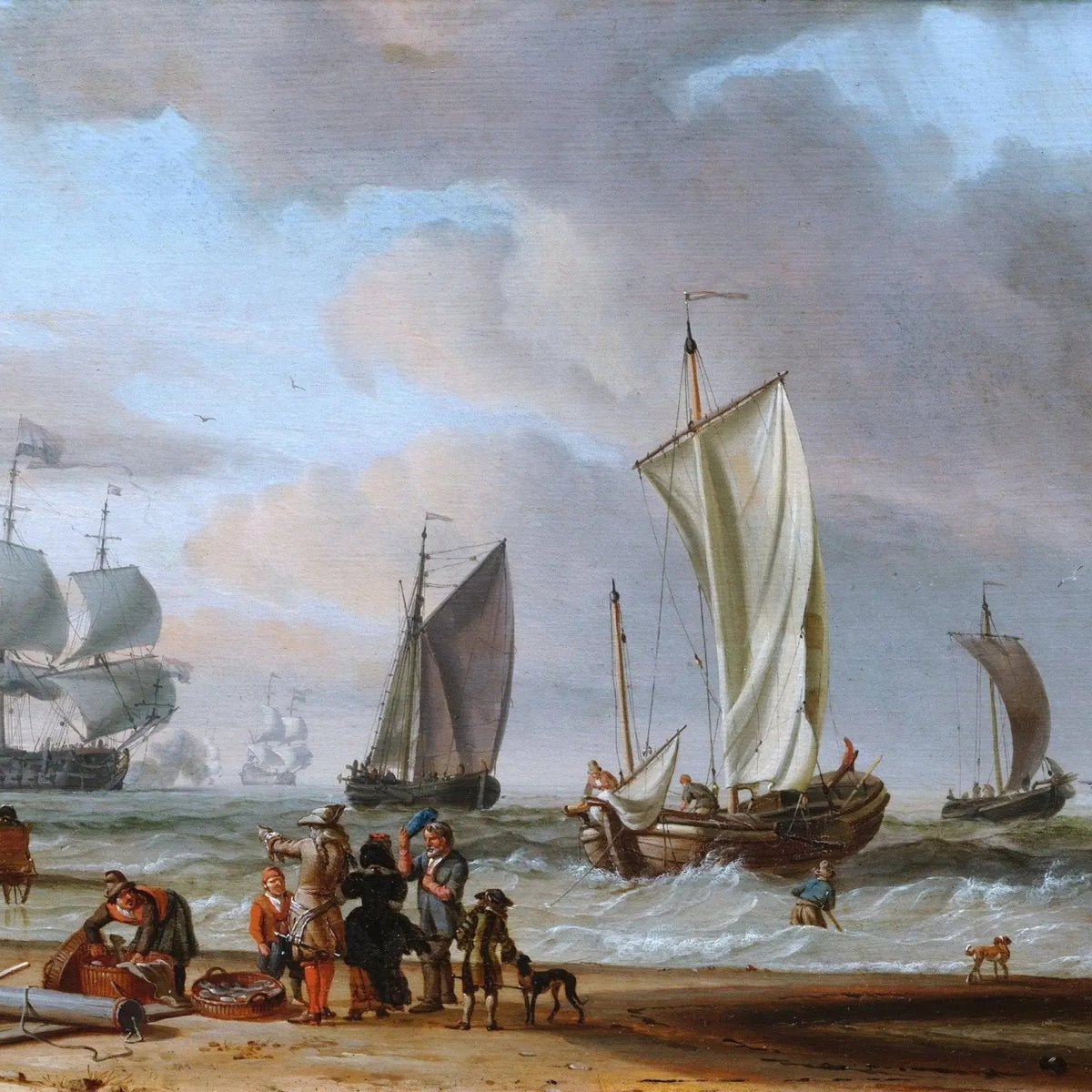 Nautical Oil Paintings - Dutch Coastal Scene with Ships and Figures - Oil Painting Haven