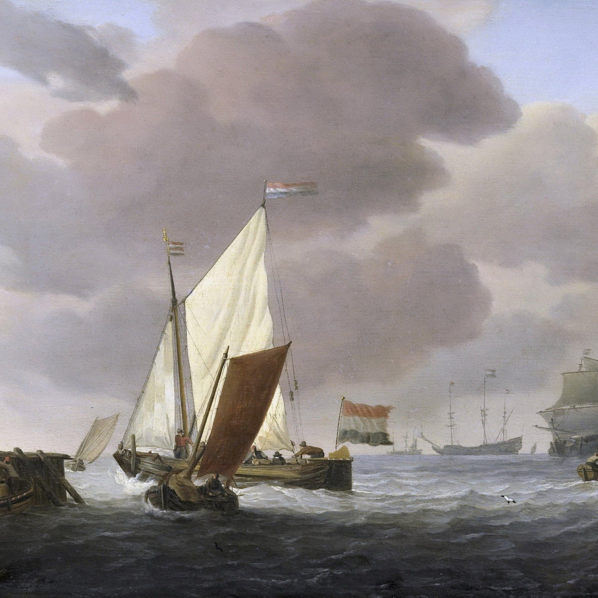 Hand-painted Dutch coastal ships in a strong breeze nautical oil painting on canvas