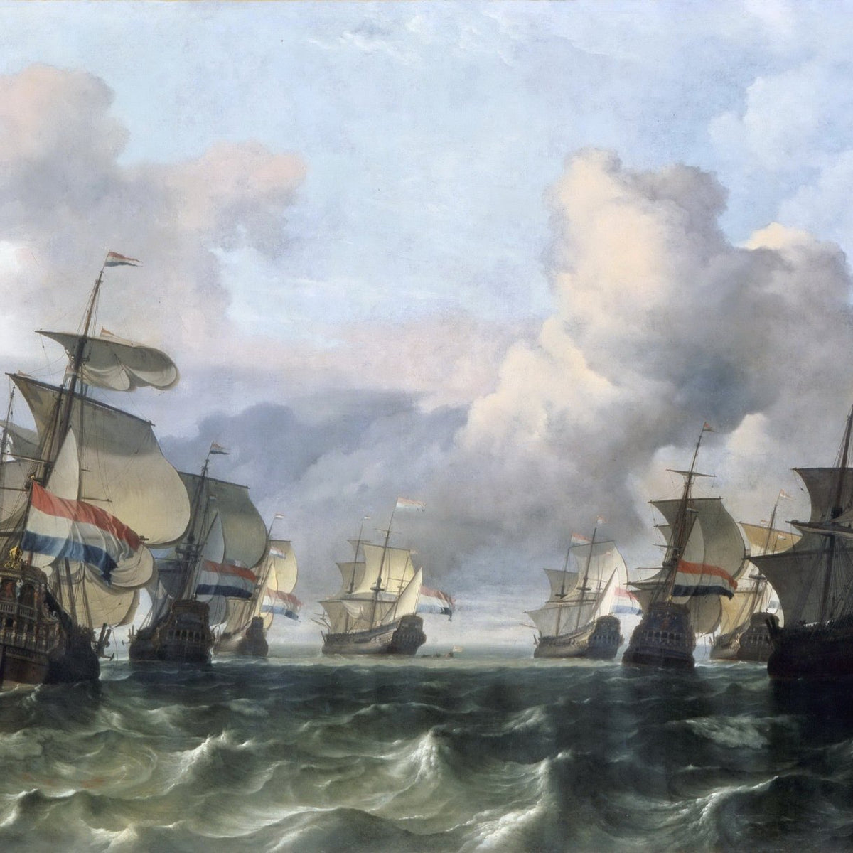 Hand-painted Dutch east india fleet on open sea nautical oil painting on canvas