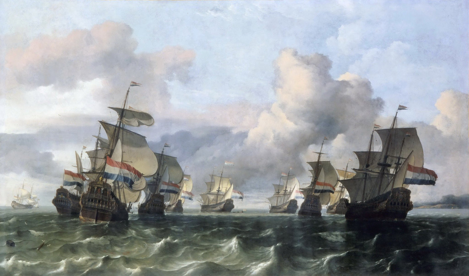 Hand-painted Dutch east india fleet on open sea nautical oil painting on canvas