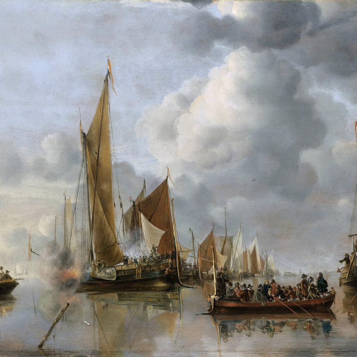 Hand-painted Dutch fleet on calm harbor water nautical oil painting on canvas