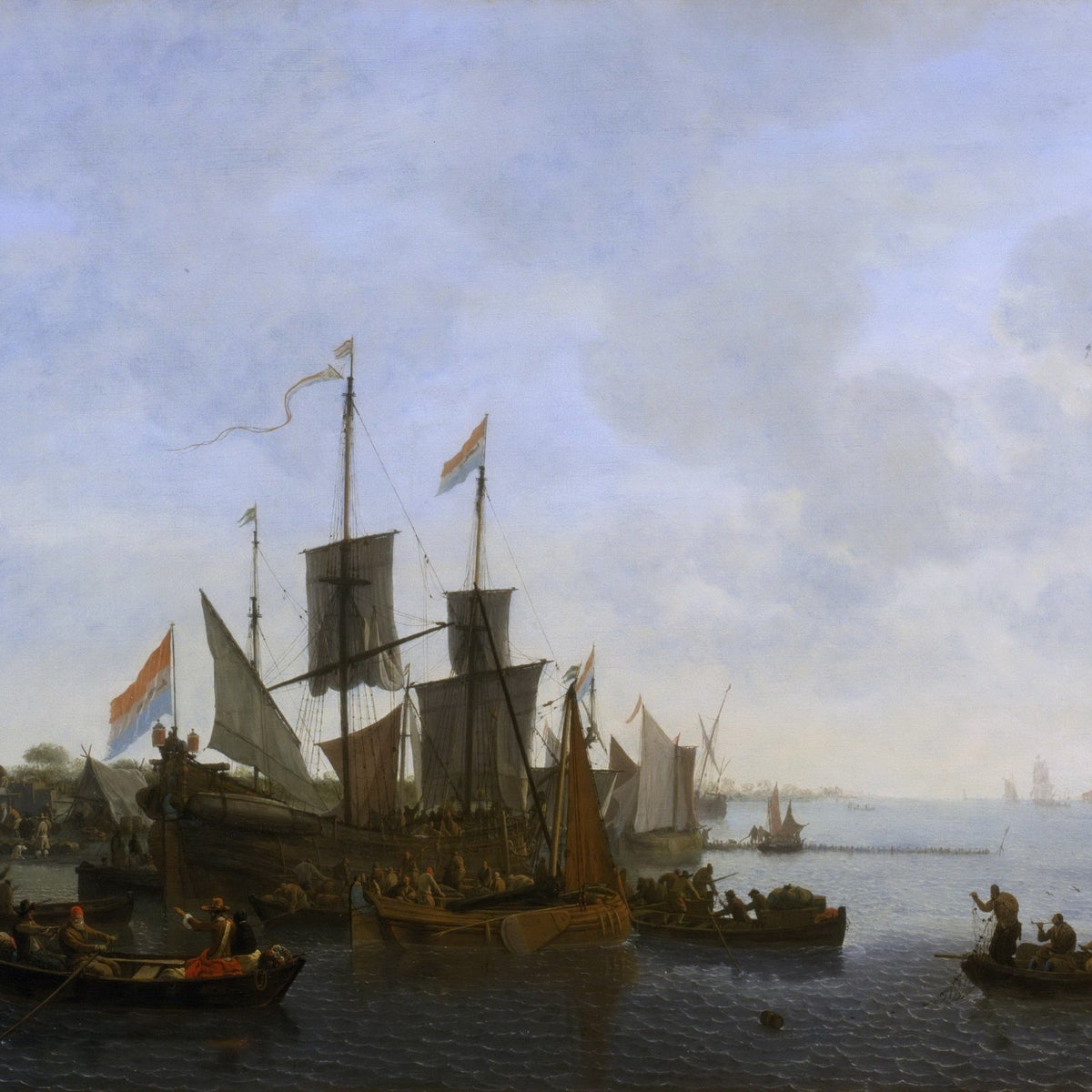 Hand-painted Dutch harbor ships in calm water nautical oil painting on canvas