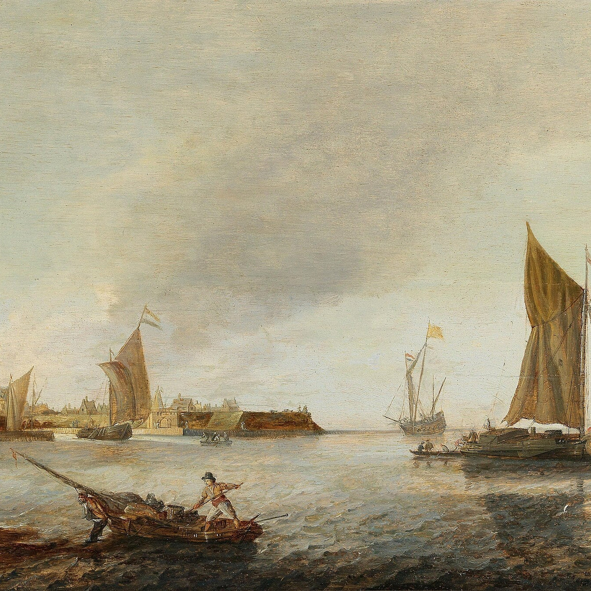 Hand-painted Dutch harbor with sailing boats at dawn nautical oil painting on canvas