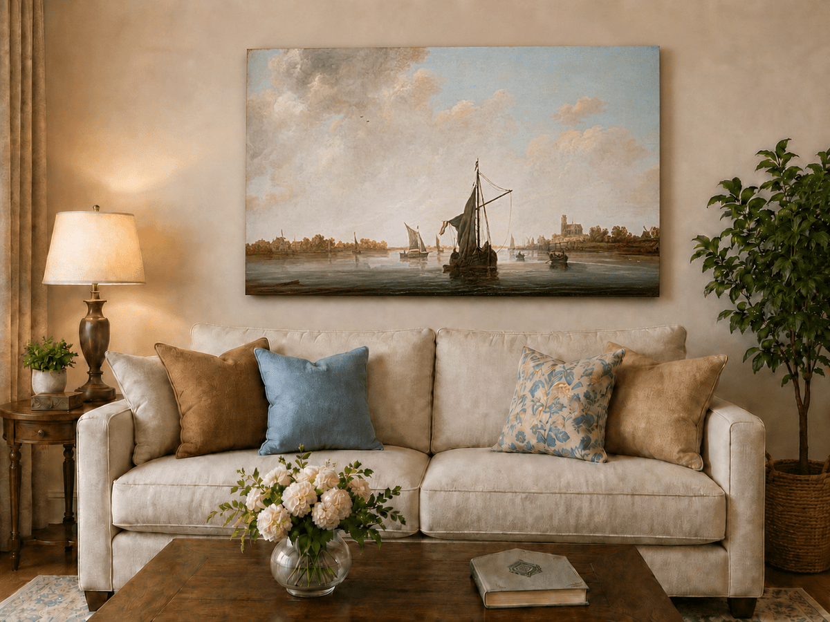 Nautical Oil Paintings - Dutch Riverboats on Calm Waters
