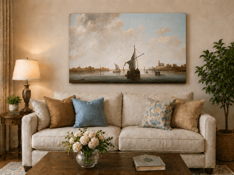 Nautical Oil Paintings - Dutch Riverboats on Calm Waters