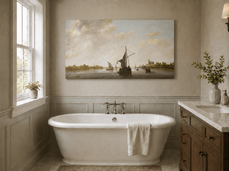 Nautical Oil Paintings - Dutch Riverboats on Calm Waters