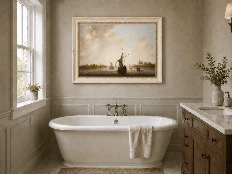 Nautical Oil Paintings - Dutch Riverboats on Calm Waters