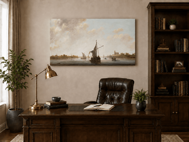 Nautical Oil Paintings - Dutch Riverboats on Calm Waters