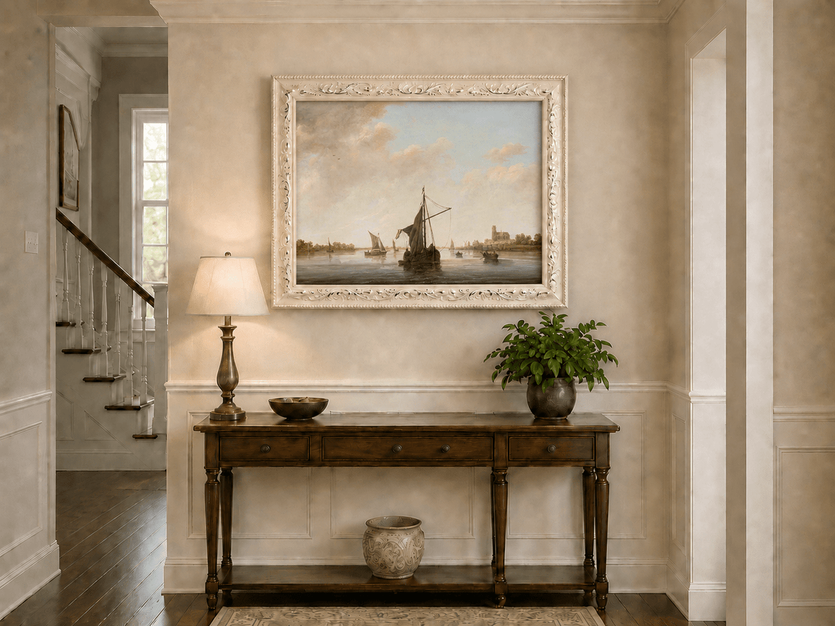 Nautical Oil Paintings - Dutch Riverboats on Calm Waters