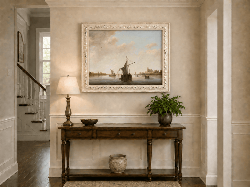 Nautical Oil Paintings - Dutch Riverboats on Calm Waters