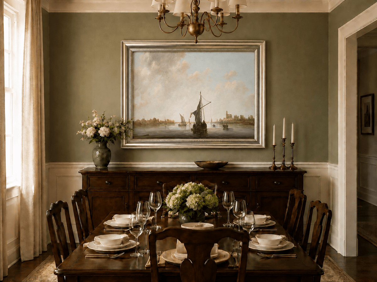Nautical Oil Paintings - Dutch Riverboats on Calm Waters