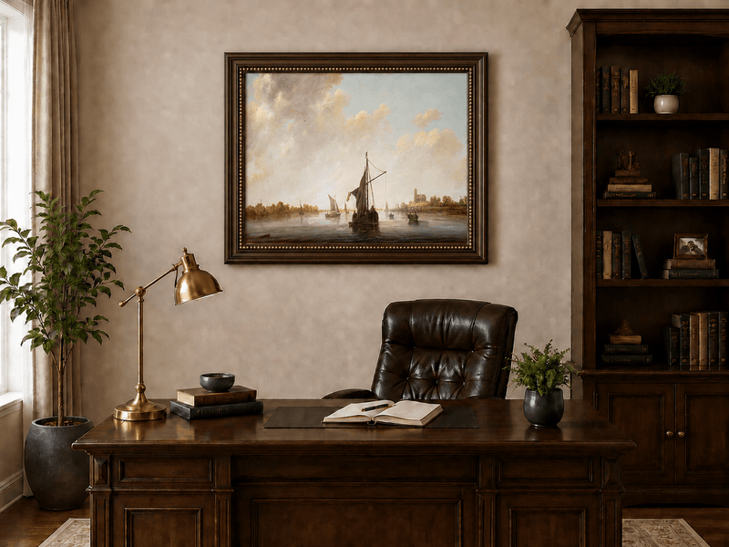 Nautical Oil Paintings - Dutch Riverboats on Calm Waters