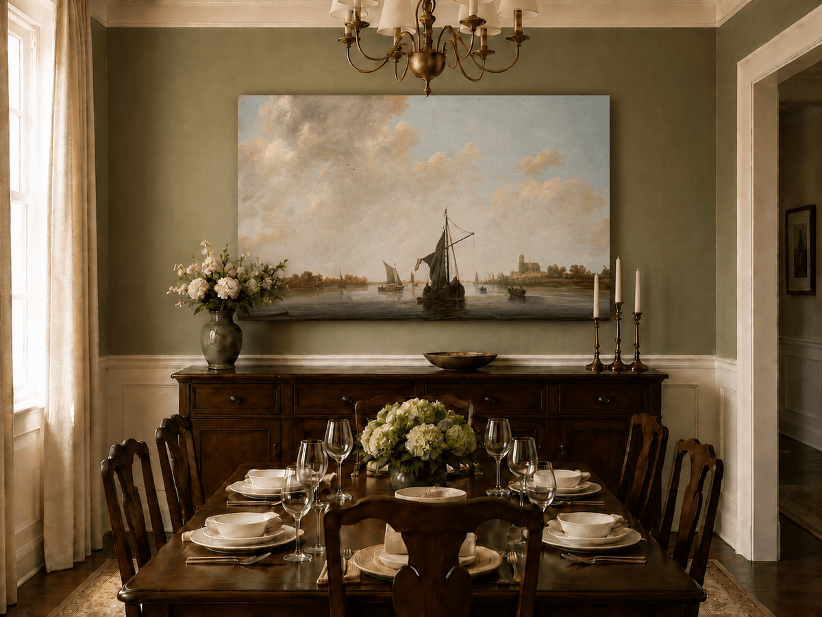 Nautical Oil Paintings - Dutch Riverboats on Calm Waters