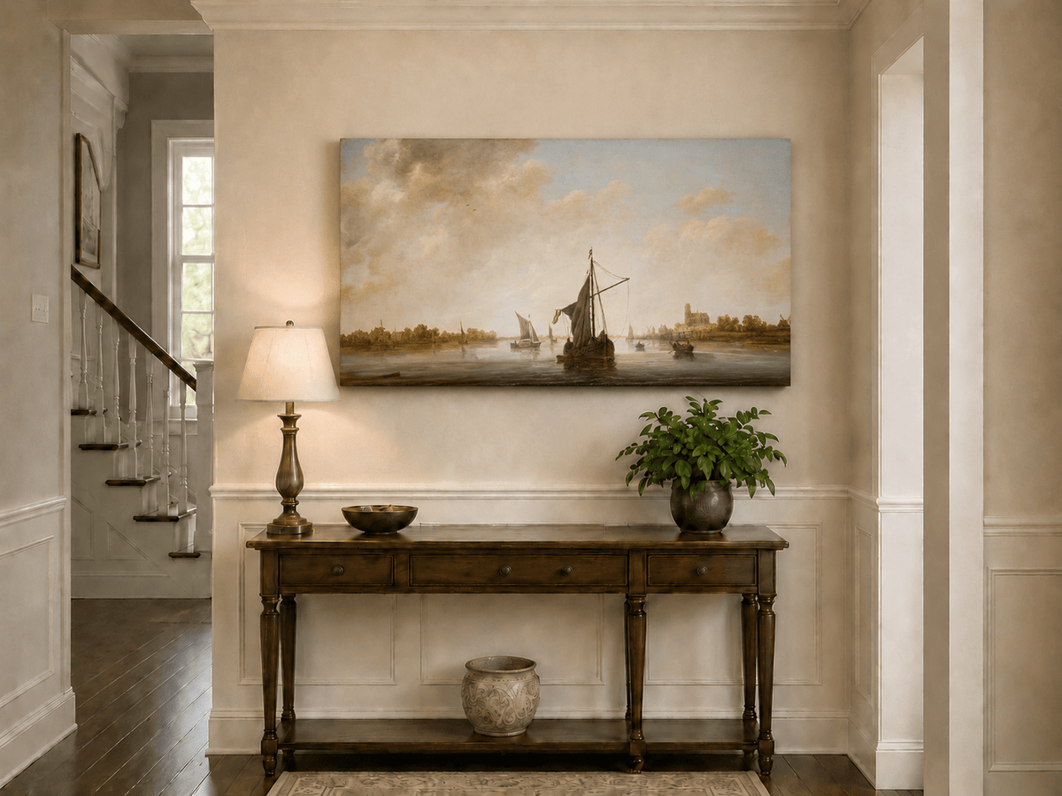 Nautical Oil Paintings - Dutch Riverboats on Calm Waters