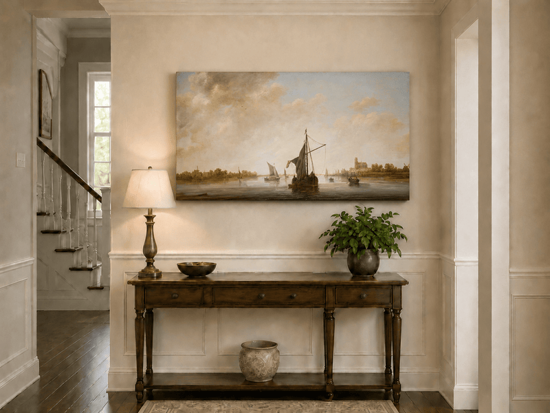 Nautical Oil Paintings - Dutch Riverboats on Calm Waters