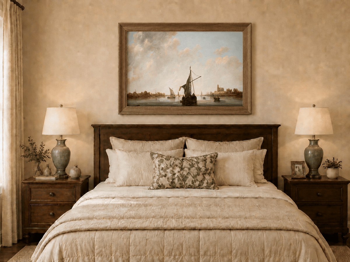Nautical Oil Paintings - Dutch Riverboats on Calm Waters