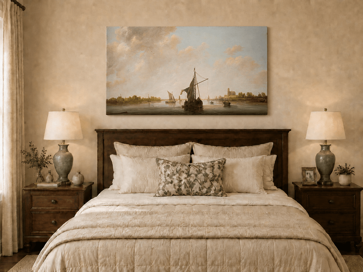 Nautical Oil Paintings - Dutch Riverboats on Calm Waters